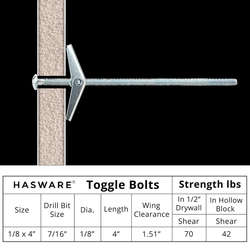 HASWARE Toggle Bolt Zinc Plated Steel and Wing Nut for Hanging Heavy Items on Drywall 1/8 x4 (25 Pack) - Image 3